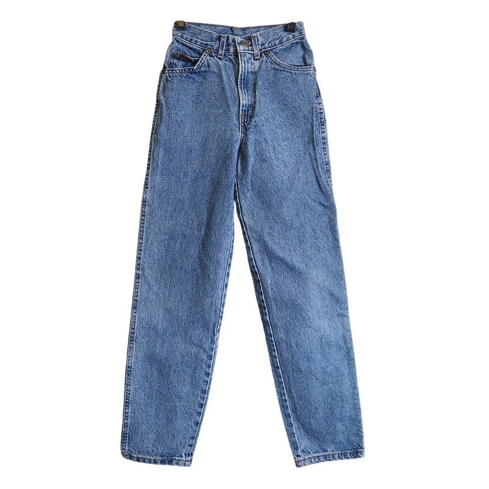 VTG Chic High Waisted Jeans Kids Size 12 Slim Blue Floral Patch Denim Retro Prep